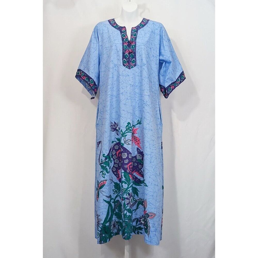 Vintage 80s Dress Muumuu Caftan Blue Leopard Floral Print Women's Size S